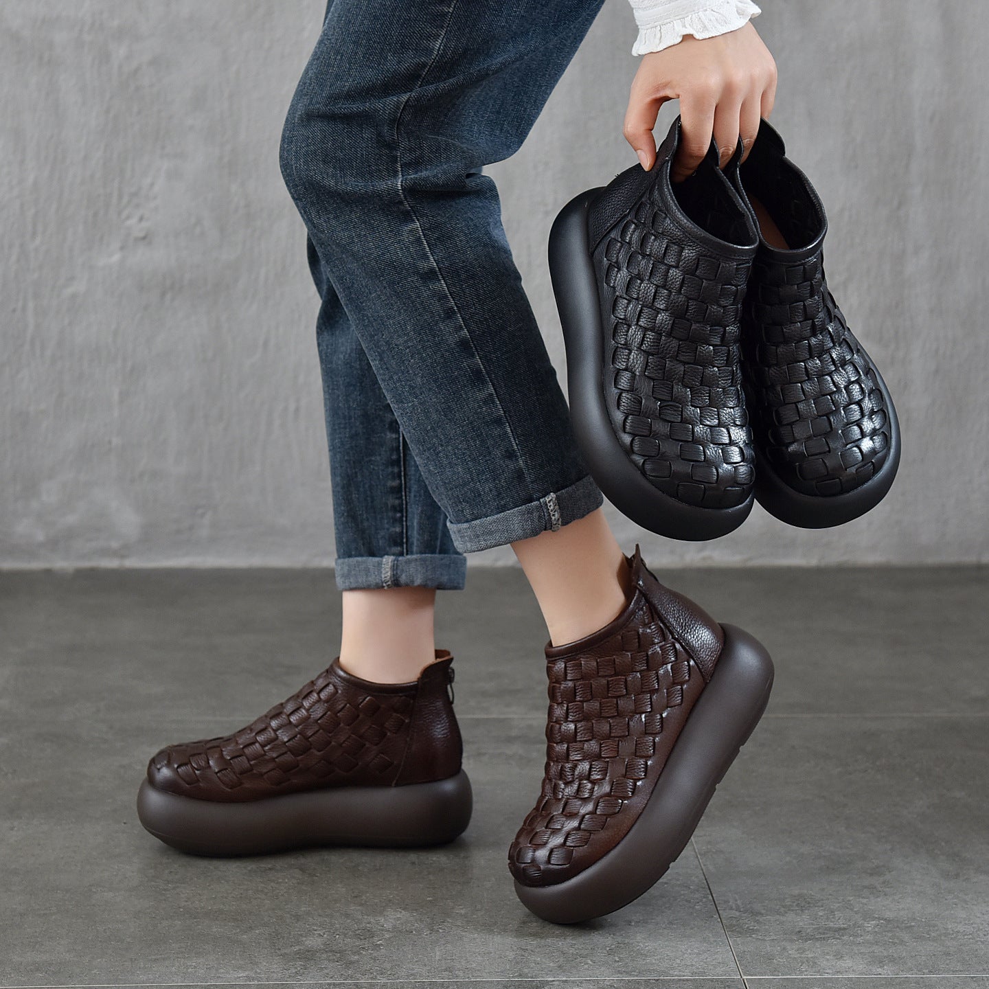 Women's Muffin Thick-soled Short First Layer Cowhide Single Women's Leather Boots