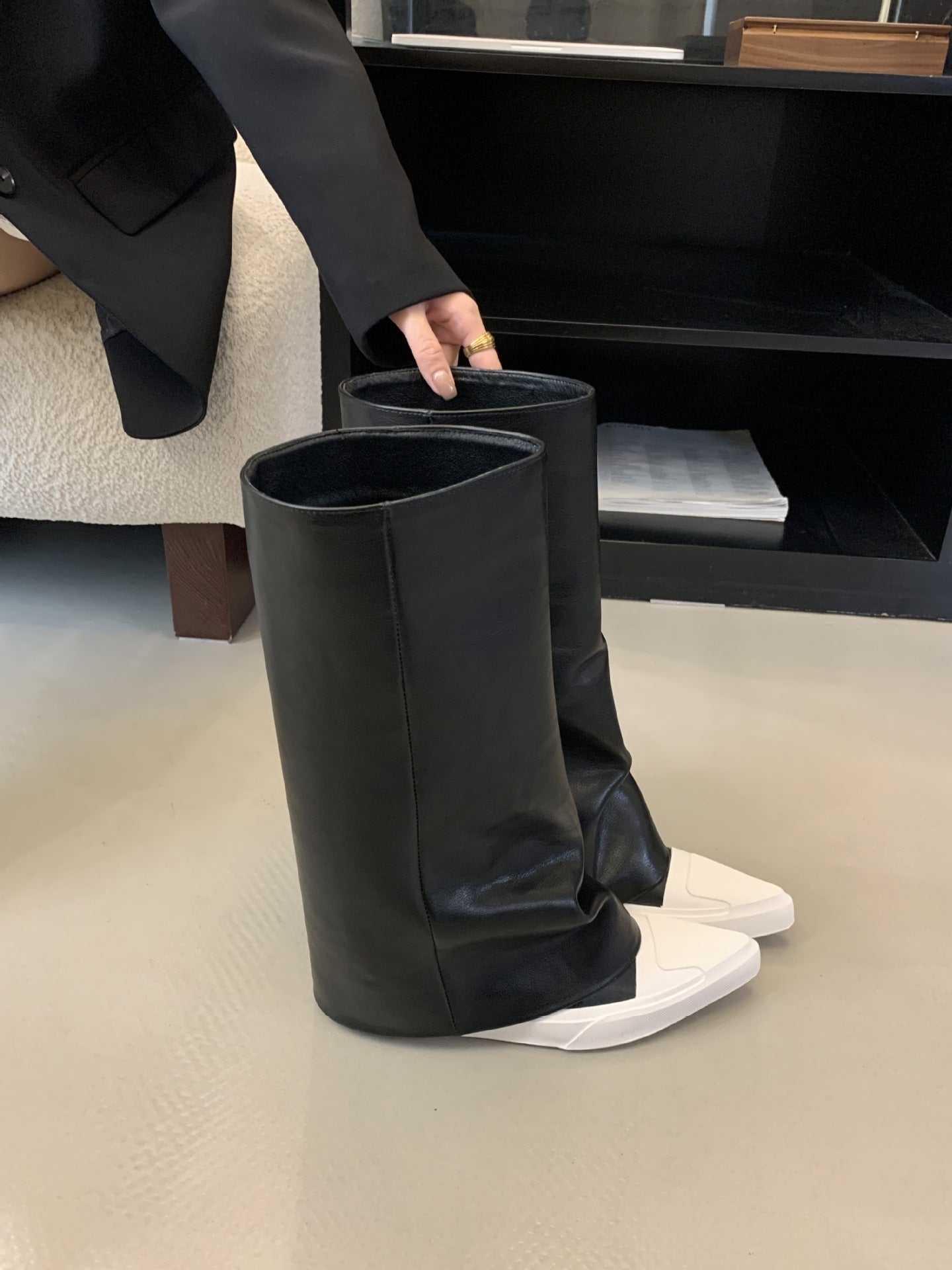 Flat Bottom Slip On High Fashion Pants Tube Women's Leather Boots