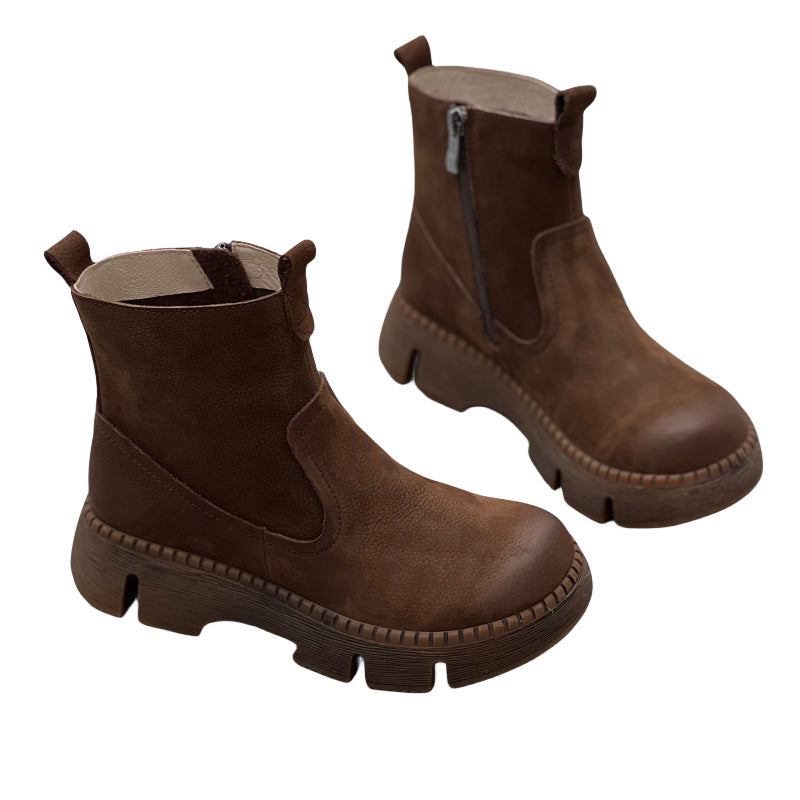 Women's Ankle Retro Ethnic Style Round Toe Muffin Bottom Women's Leather Boots