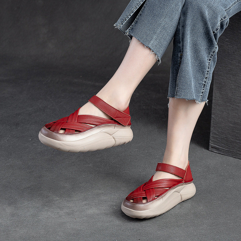 Women's Hollow Velcro Retro Style Polished Top Layer Sandals