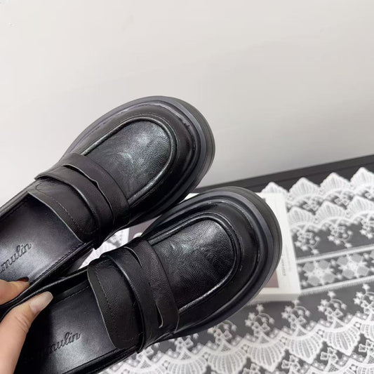Women's Increasing Insole Thick High Platform Black Leather Shoes