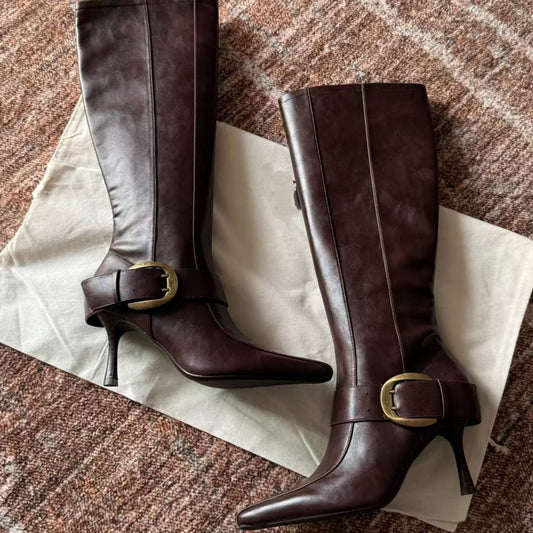 Patent Fashion Side Zip Belt Buckle Stiletto Long Boots