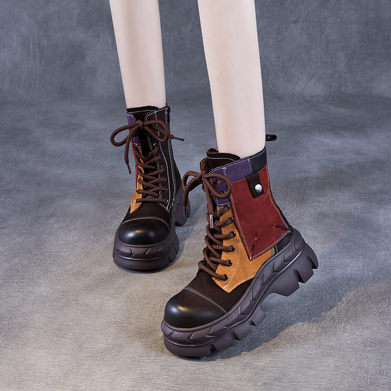 Women's Color Matching Thick Bottom First Layer Cowhide Women's Leather Boots