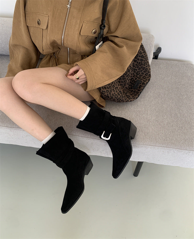 Women's French Style Square Toe Booties Chunky Ankle Vintage Crumpled Boots