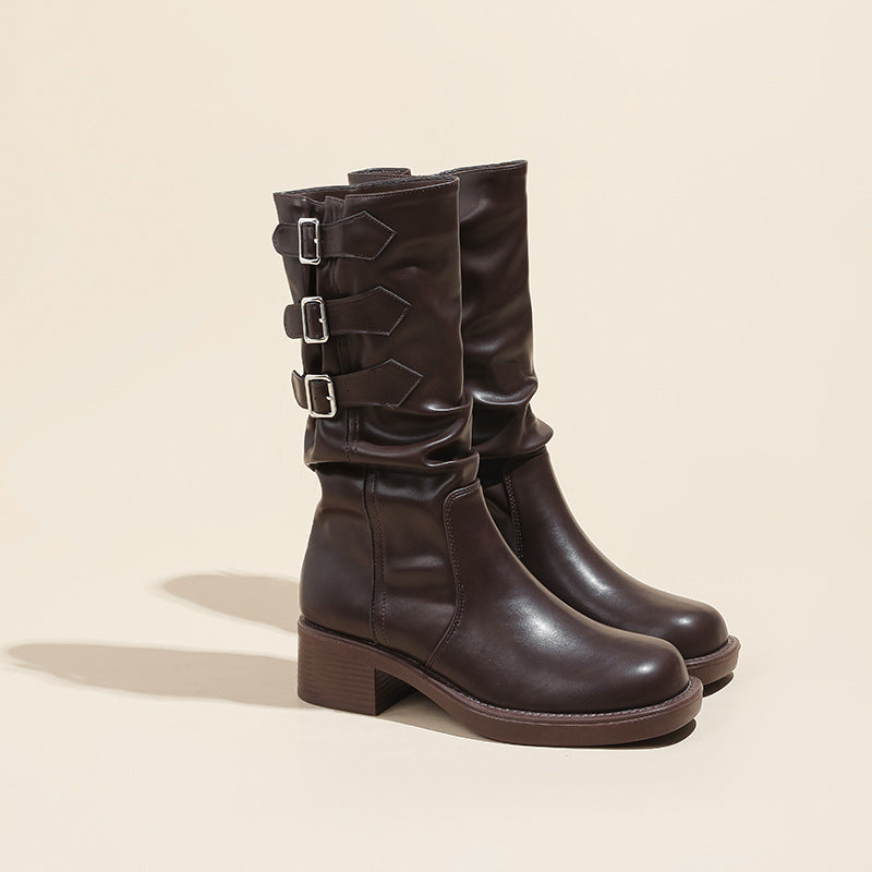 Women's Trendy Retro Belt Buckle Booties Western Boots