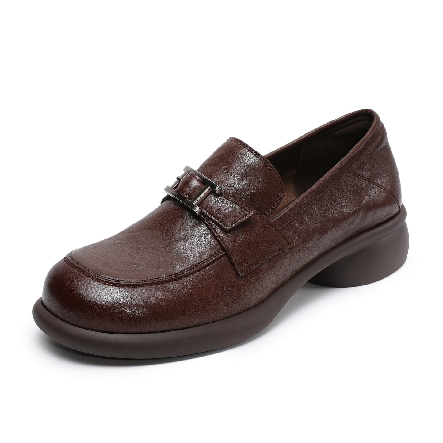 Women's Round Toe Soft Bottom Vintage Belt Buckle Mid-mouth Loafers