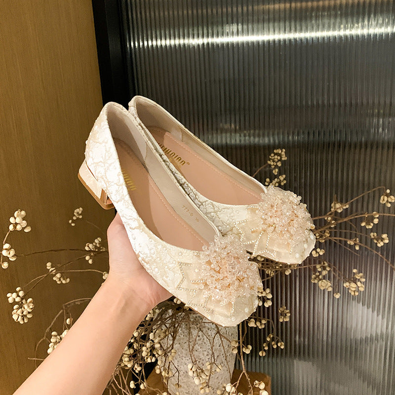 Women's Style Pumps Square Toe Rhinestone French Mid Large Women's Fashion Shoes
