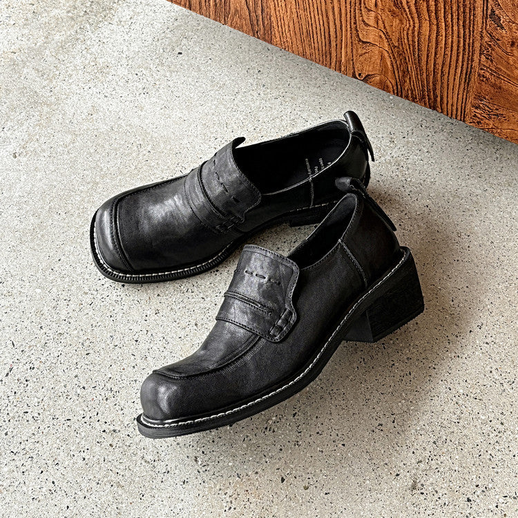 Women's Spring Round Head Chunky Slip-on Cowhide Women's Fashion Shoes