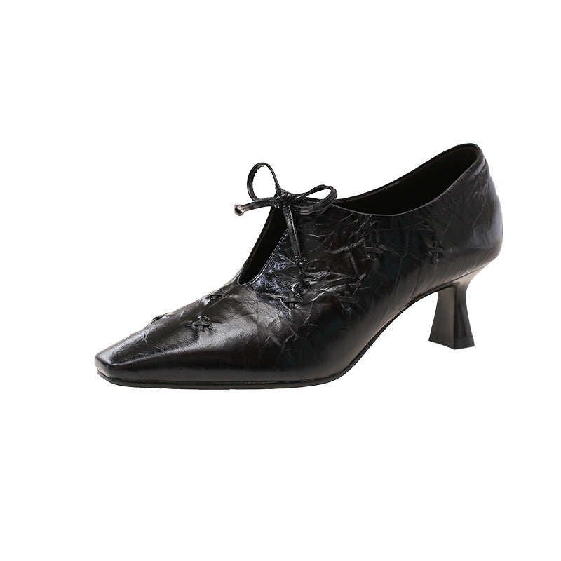 Women's First Layer Cowhide Deep Mouth Pumps Autumn Retro Style Leather Shoes