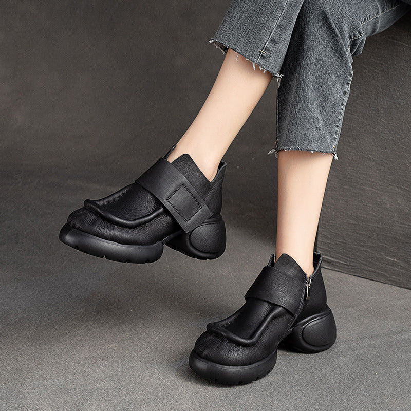 Women's Zipper Ankle Top Layer Cowhide Thick Casual Shoes