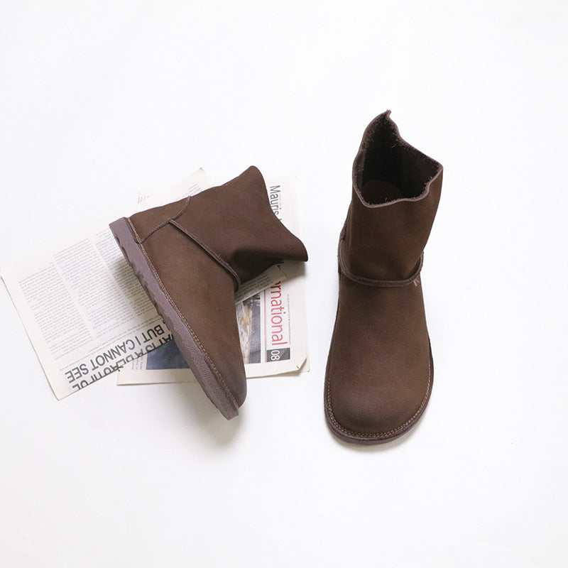 Women's Layer Cowhide Flat Fleece Simple Cotton Linen Style Cozy Snow Boots