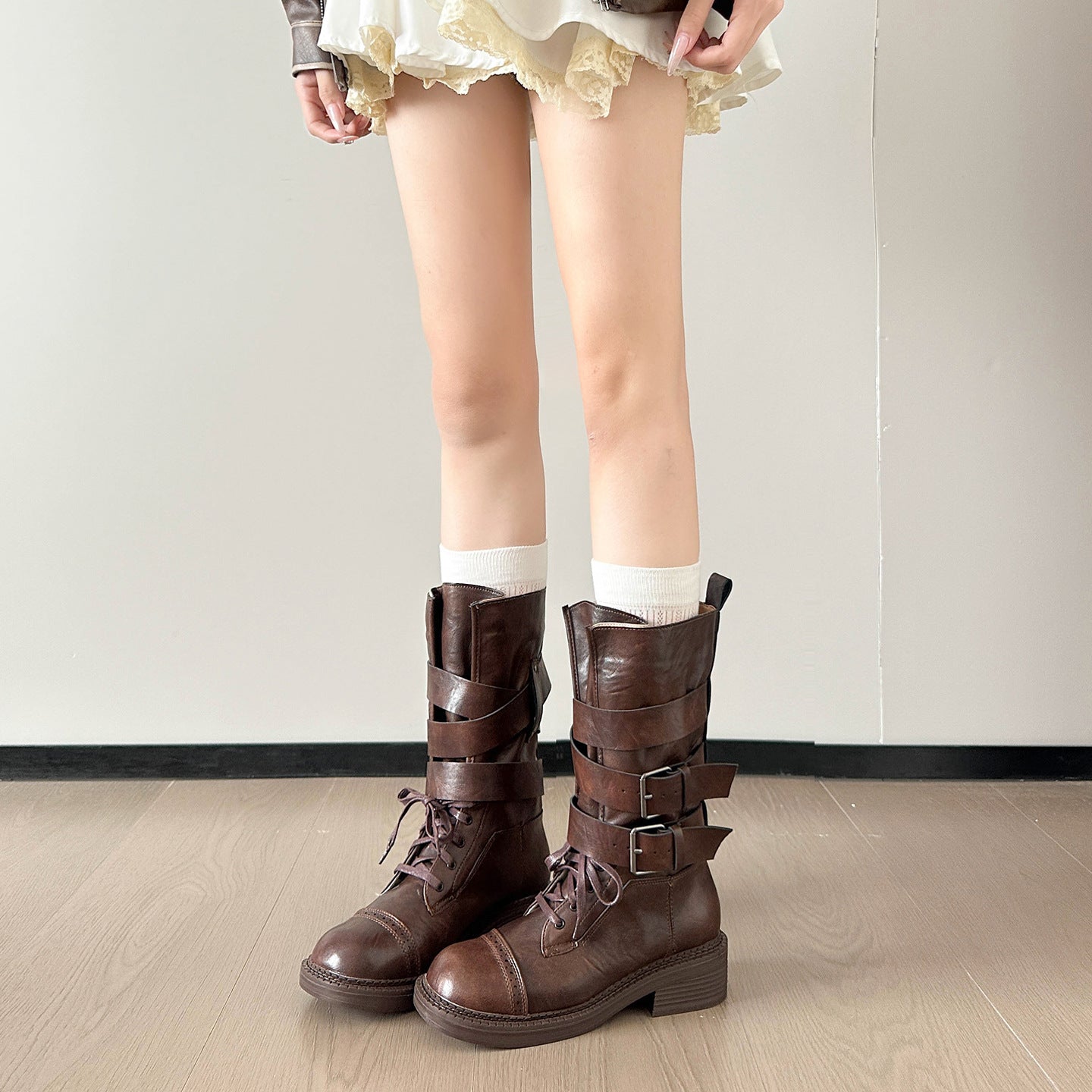 Women's Retro British Style Martin For Summer Chunky Belt Buckle Booties Women's Leather Boots
