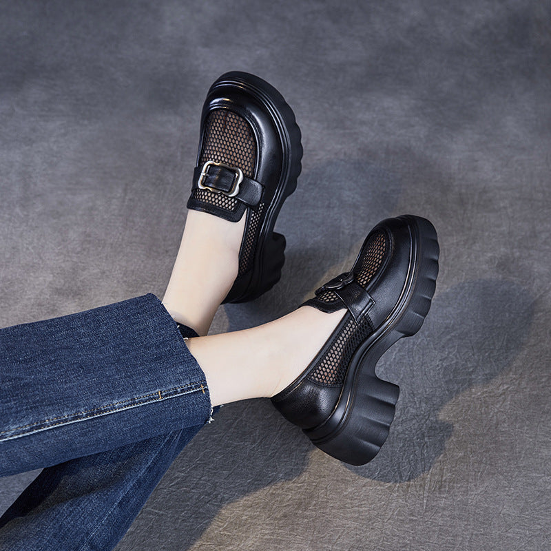 Women's Mesh Surface Platform Breathable Slip-on Leather Shoes