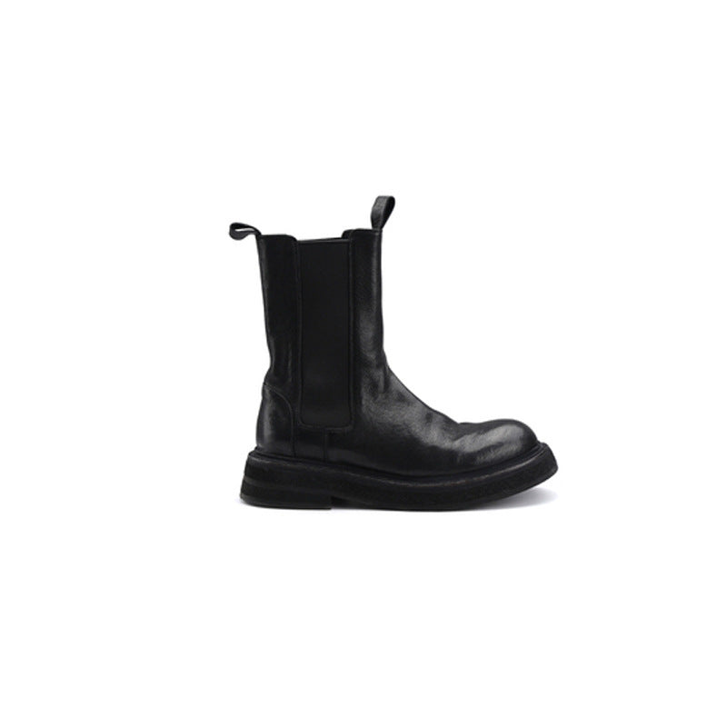 Women's Head Thick Bottom British Style Chelsea Short Pleated Smoke Pipe Boots