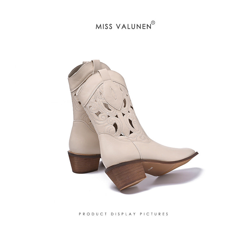 Women's Miss Warren Summer Hollow Out Western Cowboy Vintage Women's Leather Boots