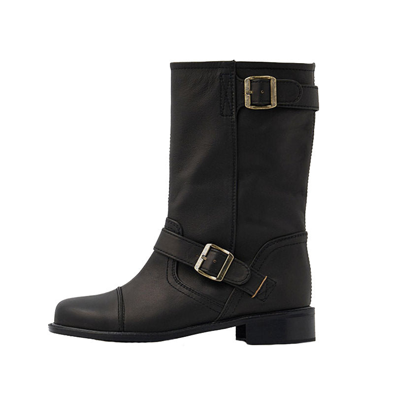 Women's Chunky Retro Wide Tube Middle Riding Belt Women's Leather Boots