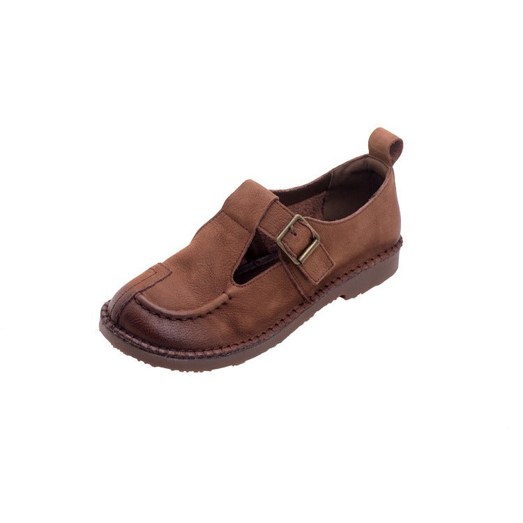Cowhide British Style Handmade Round Head Buckle Women's Casual Shoes