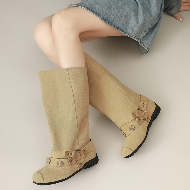 Women's Minority Square Toe Belt Rivet Button Women's Leather Boots