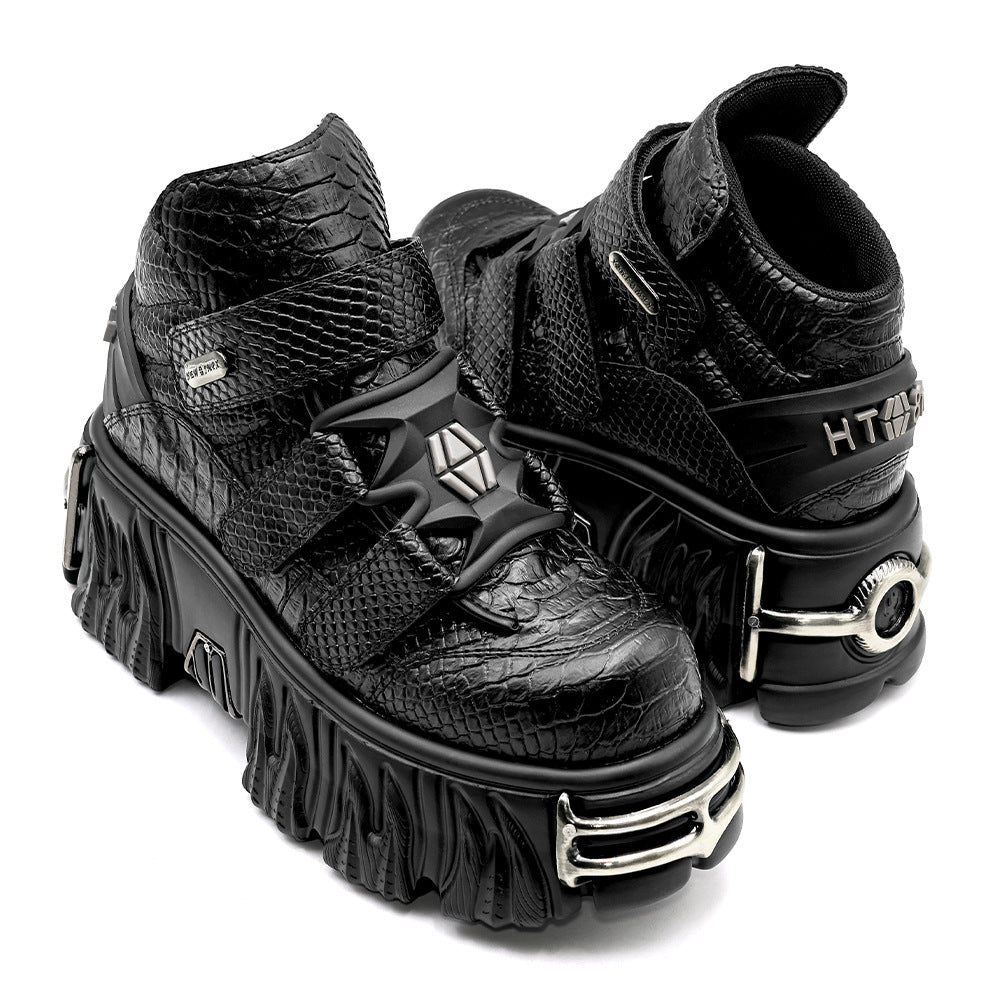 Women's Punk Height Increasing Muffin Tank Bottom Black Python Women's Leather Boots