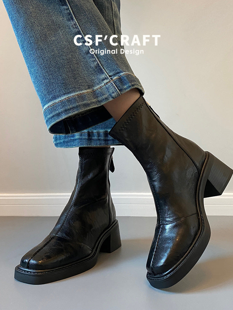 Women's Retro High Ankle Square Toe Stretch Pleated Women's Leather Boots