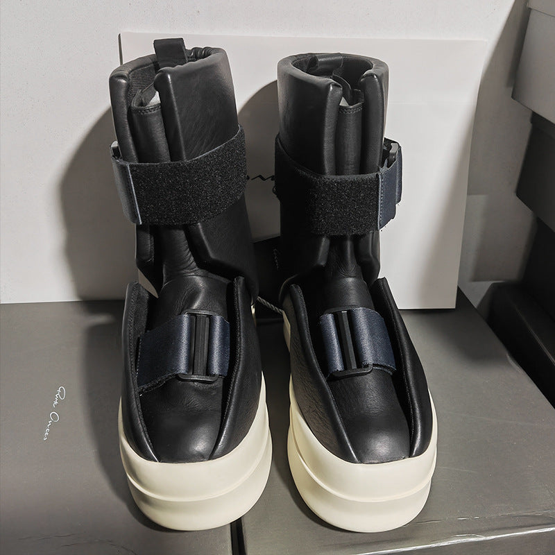 Men's Black Genuine Fashion Velcro Platform Elevator Boots