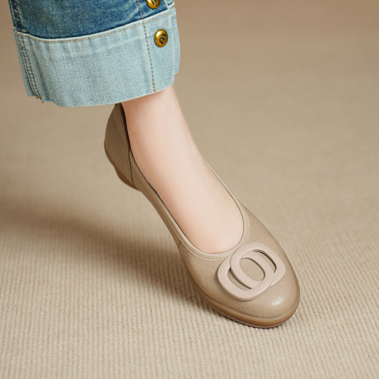 Women's Soft Sheepskin Metal Buckle Platform Genuine Round Toe Pumps Mid Women's Fashion Shoes
