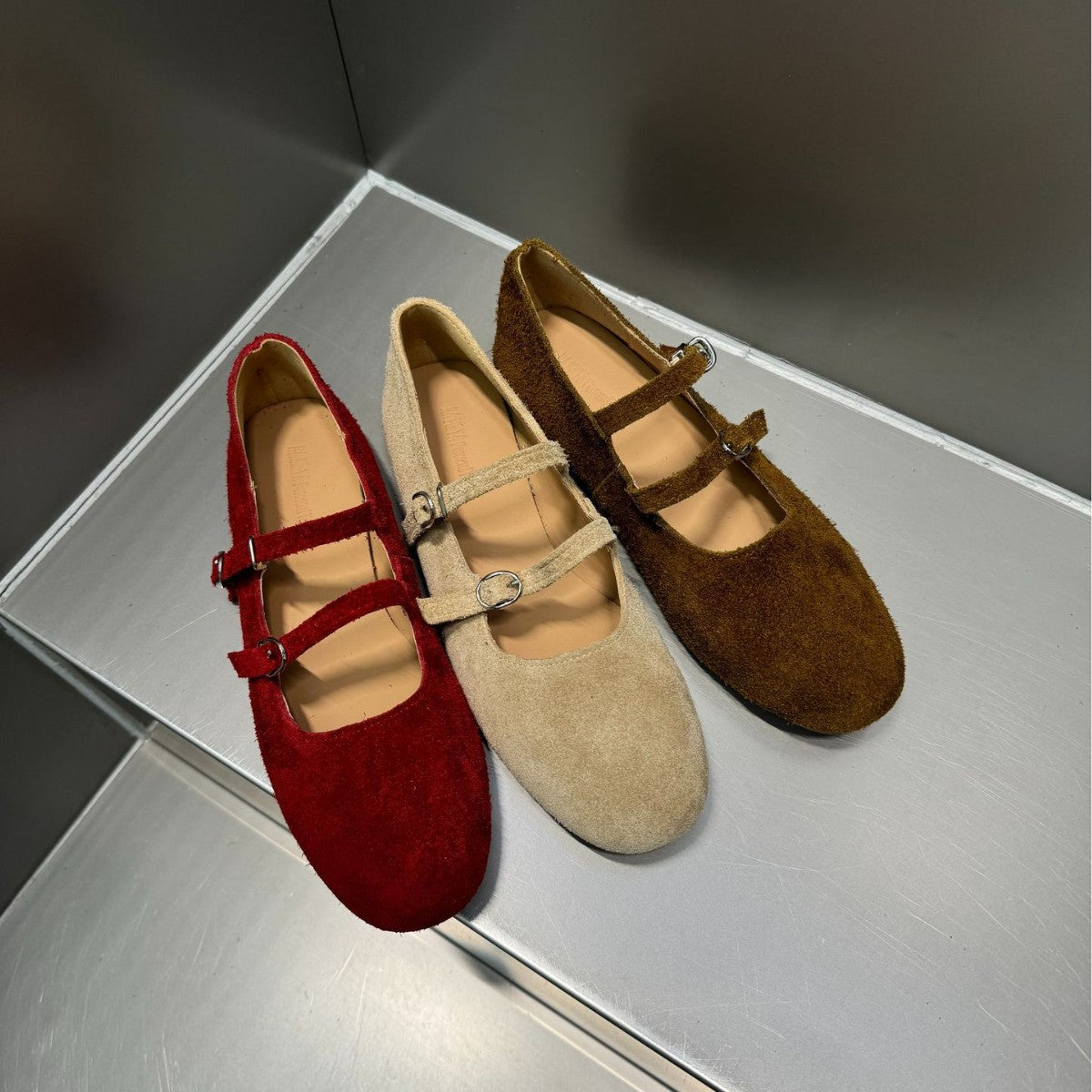 Cow Suede Flat Bottom Ballet Shallow Mouth Design Word Buckle Women's Fashion Shoes
