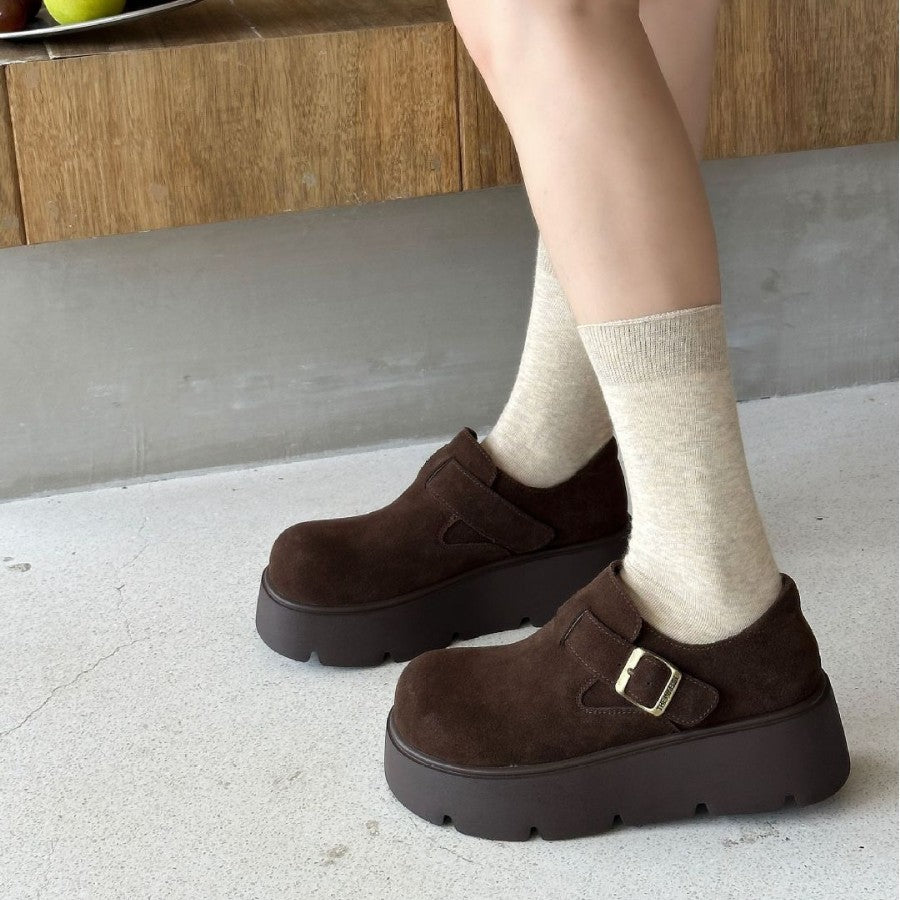 Women's Cowhide Platform Round Head Small Muffin Bottom Increased Women's Casual Shoes