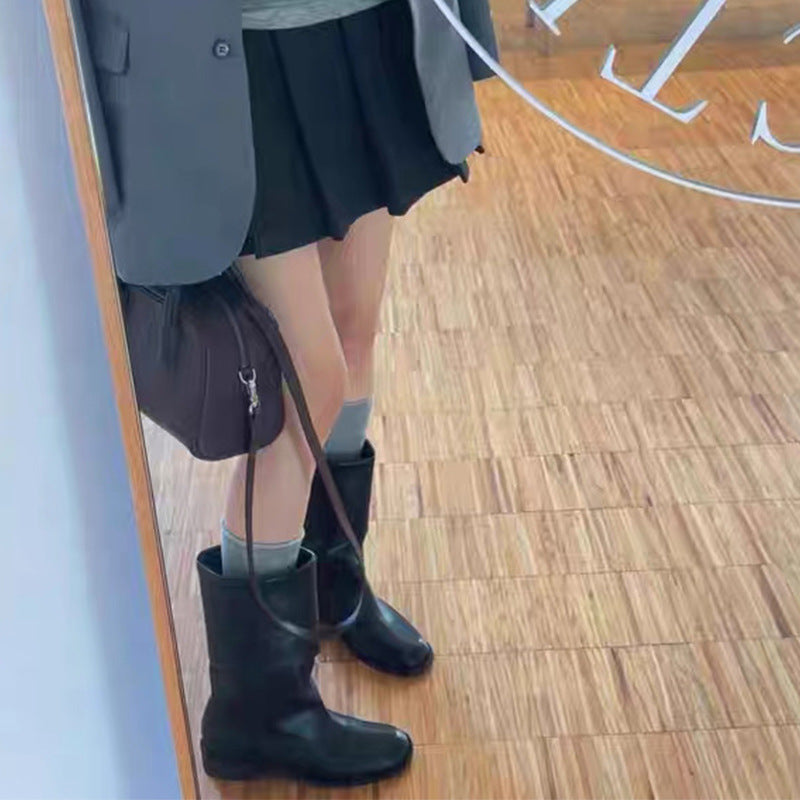 Women's Platform Martin Fold Middle Chunky Ankle Women's Leather Boots