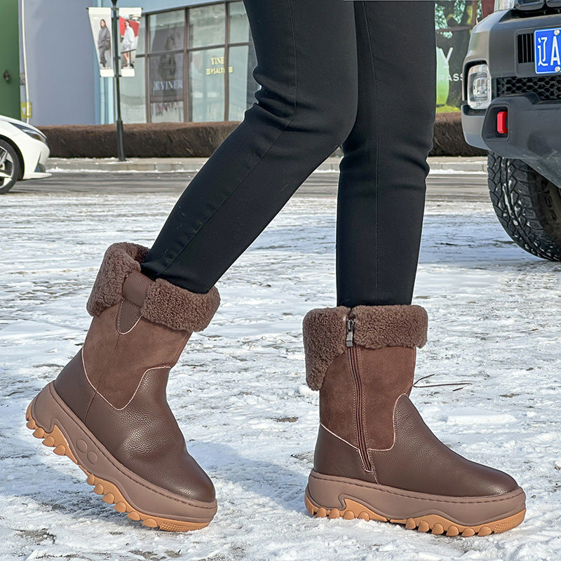 Women's First Layer Cowhide Winter Platform Plus Women's Snow Boots
