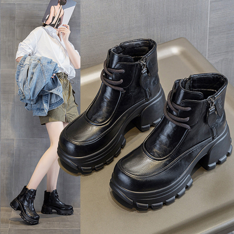 Women's Brown Winter Small Martin Thick Ankle Bottom Height Increasing Women's Cotton Shoes