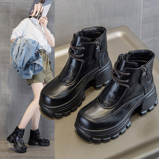 Women's Brown Winter Small Martin Thick Ankle Bottom Height Increasing Women's Cotton Shoes