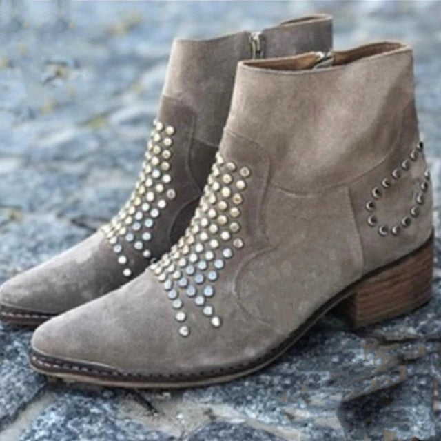 Women's Retro Side Zipper Thick Sequined Rhinestone Heels
