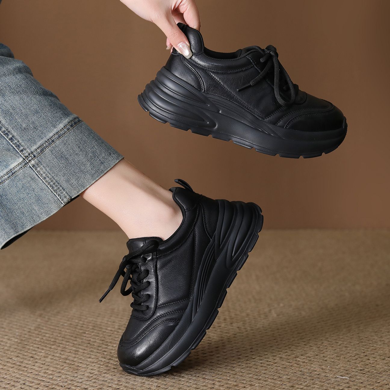 Women's First Layer Cowhide Dad Spring Fashion Boutique Platform Comfortable Casual Shoes
