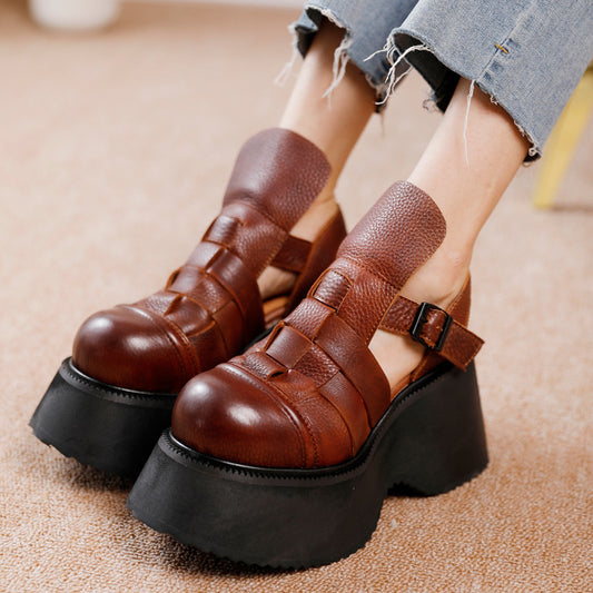 Women's Cowhide Woven Platform Comfortable Wedge Genuine Sandals