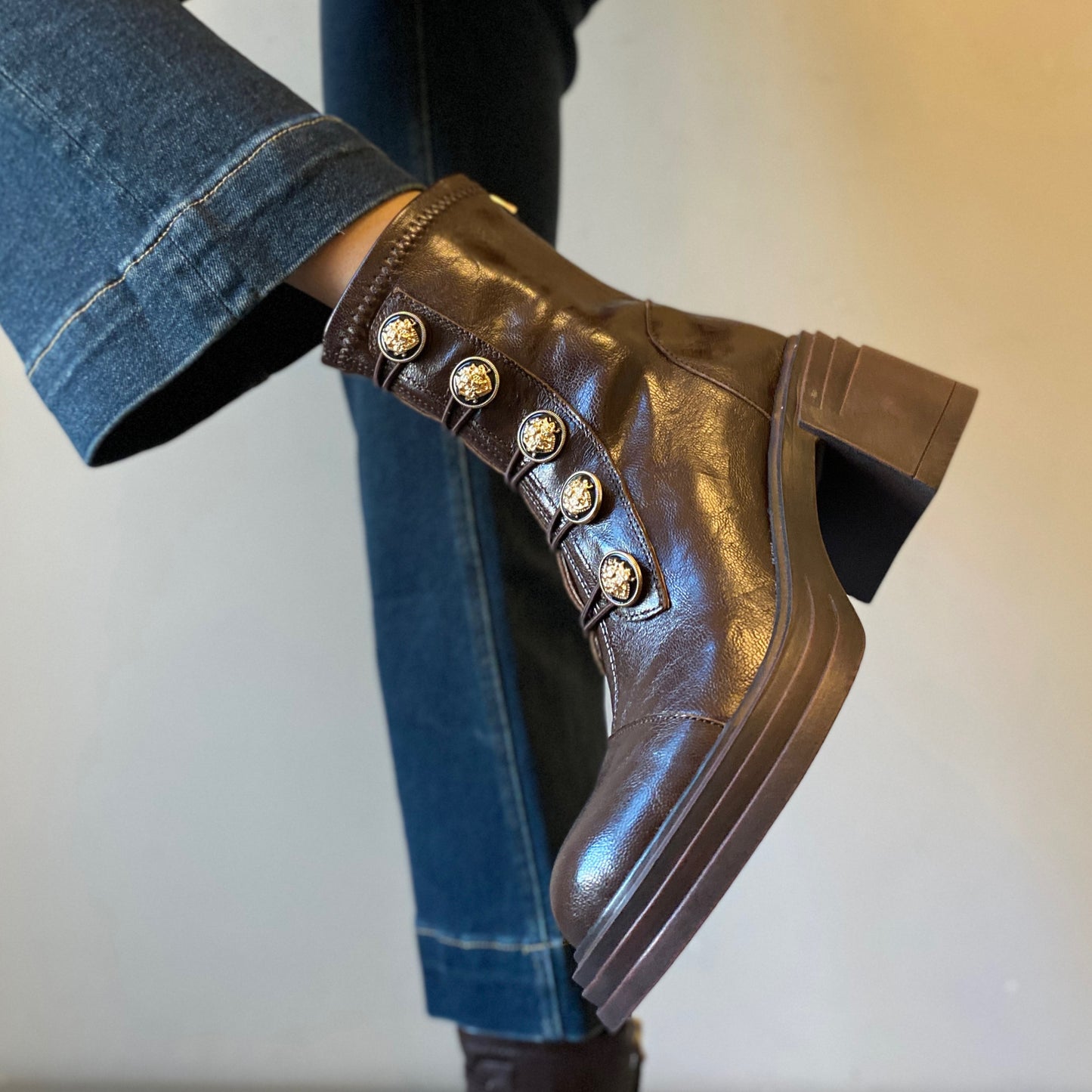 Women's Badge Small Golden Button Martin Thick Bottom Round Toe High Heels