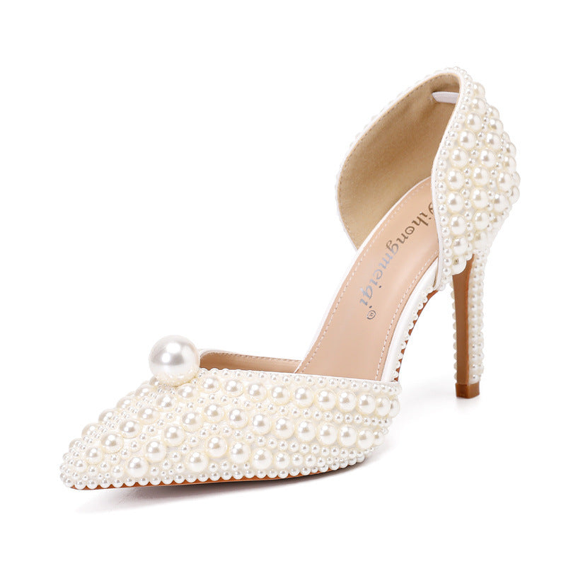 Women's Low-cut Pumps Pointed High Thin Heeled Pearl Heels