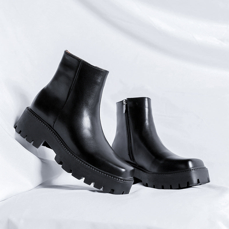 Niche Square Toe Chunky Platform Side Zipper Chelsea Boots