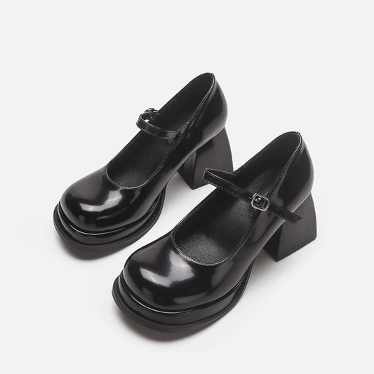 Women's Genuine Retro Preppy Style Chunky Pumps Black Leather Shoes