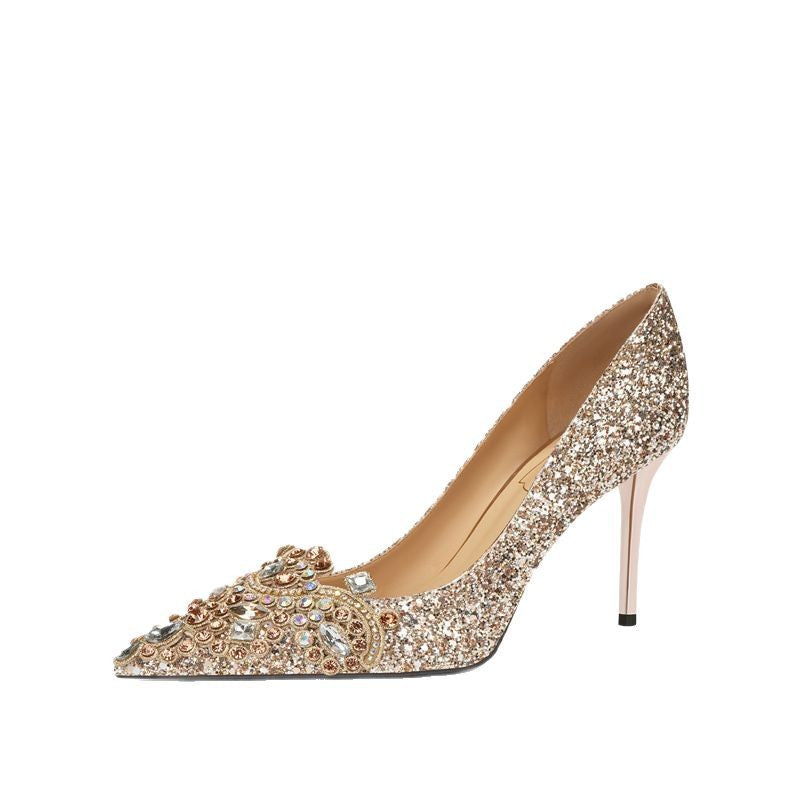 Women's Wedding Banquet Bridal Dress Metal Pointed Crystal Sheepskin Women's Fashion Shoes