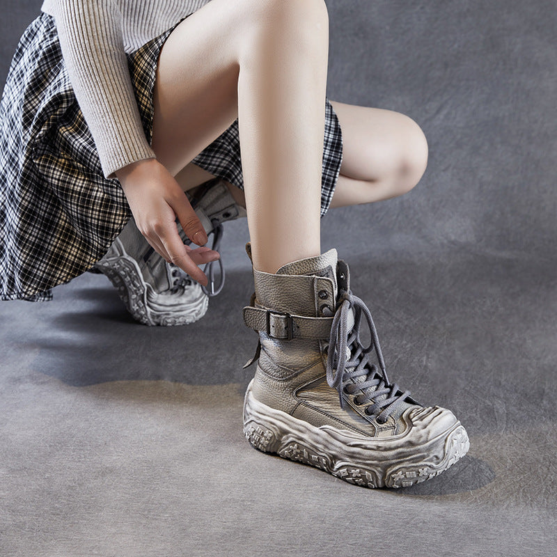 Women's First Layer Cowhide Platform Short Height Increasing Boots