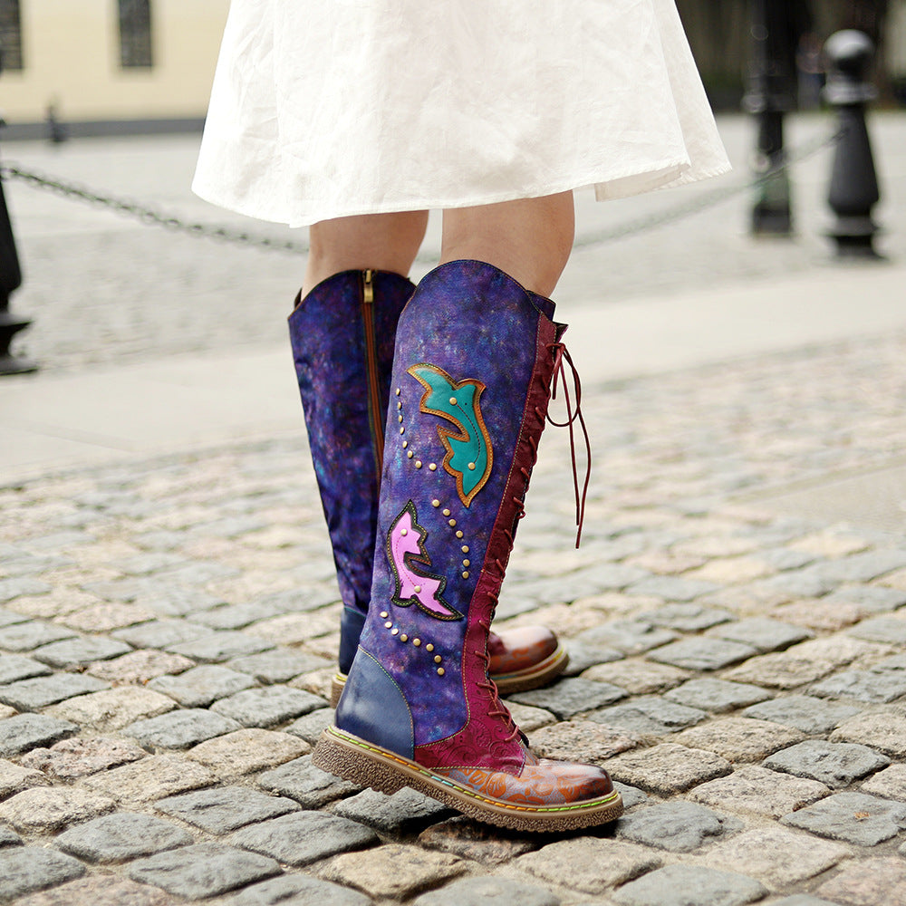 Women's Export Motorcycle Texture Unisex Style Dark Flower Women's Leather Boots