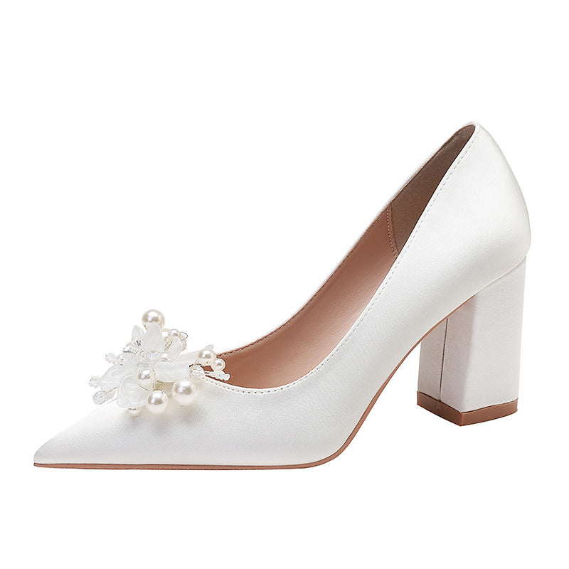 Women's Pearl Decorative Button High Wedding Bride Heels