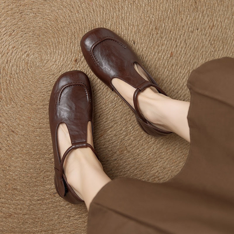 Women's Soft Cowhide Mary Jane Mid Chunky Low-cut Round Head Not Women's Fashion Shoes
