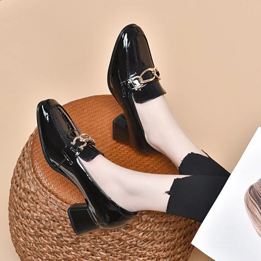 Women's Spring British Style Round Head Chunky Patent Women's Shoes