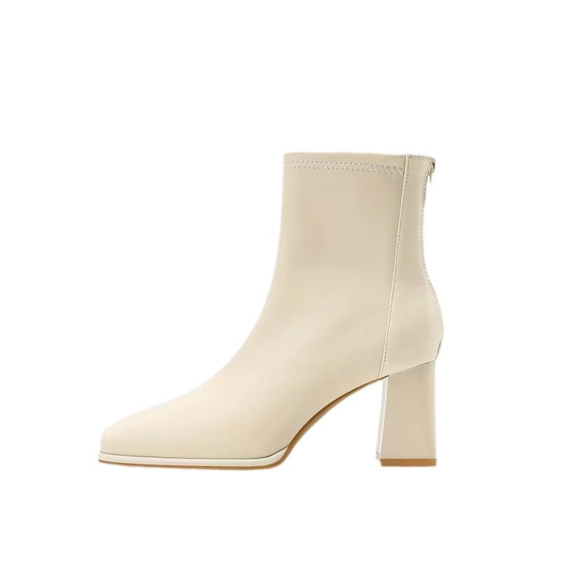 Women's Short Chunky French Square Toe Single-layer Boots