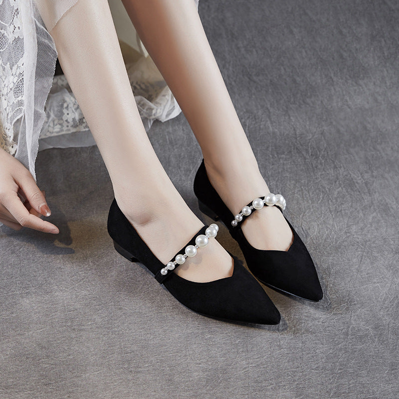 Women's Mary Jane Flat Pointed Pearl Strap Women's Shoes