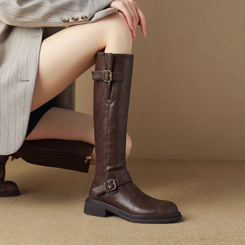 Women's Head Below The Knee Knight British Style Thick Mid Knee-high Women's Leather Boots