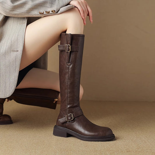 Women's Head Below The Knee Knight British Style Thick Mid Knee-high Women's Leather Boots