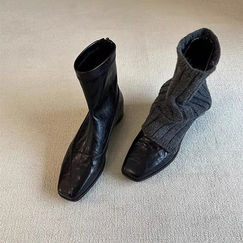 Women's Version Genuine Minimalist Commute Short Slimming Back Zipper Chunky Square Women's Leather Boots